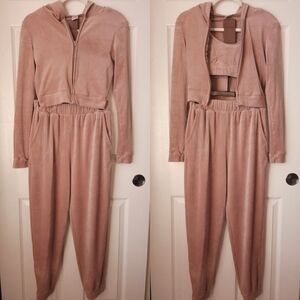 Suzette Tan Velour 3 Piece Matching Set Joggers & Zip Up Hoodie